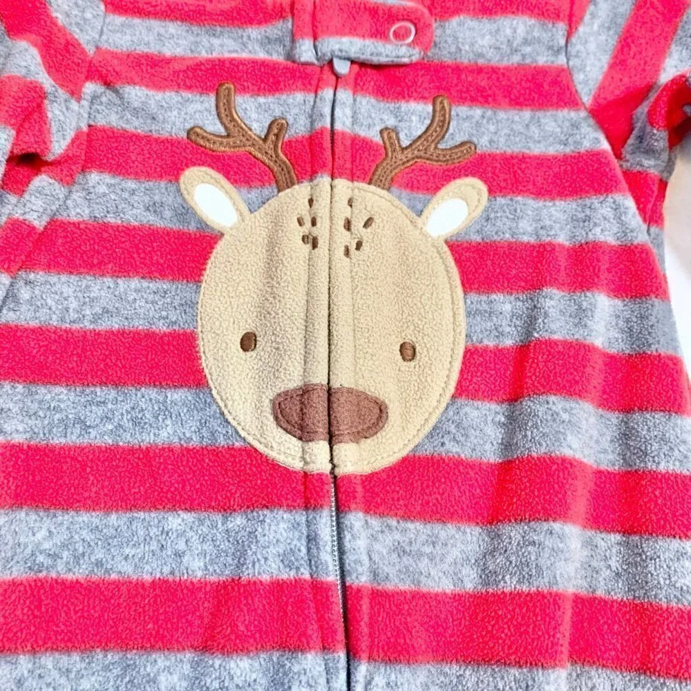 5/$25 Carter's Baby Reindeer Fleece Footed Pajamas‎ Sleeper Red Grey Stripe 6M